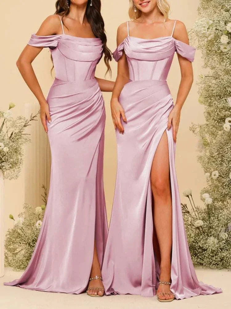 Bridesmaid Dresses | Satin Spaghetti Straps High Slit Evening Dress