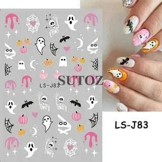 5D embossed Halloween nail stickers featuring ghosts, pumpkins, and skulls for spooky nail art designs.