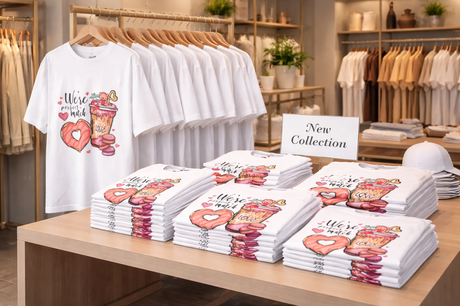 Stacks of Unisex Oversized t-shirts with a design on a table in a store with 'New Collection' sign.