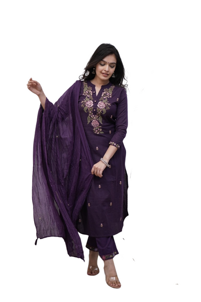 Women's Cotton embroidery work kurta pant with mulmul dupatta set Size -M