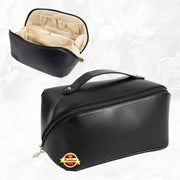 Leather Travel Makeup Bag (Black) – Large Waterproof Cosmetic Organizer with Divider & Handle