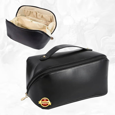 Leather Travel Makeup Bag (Black) – Large Waterproof Cosmetic Organizer with Divider & Handle