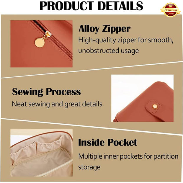 Leather Cosmetic Bag (Bronze) – Large Waterproof Cosmetic Organizer with Divider & Handle