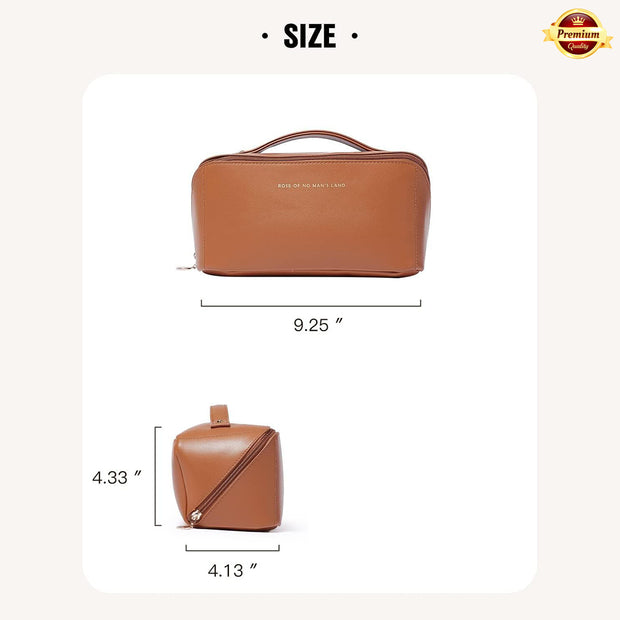 Leather Cosmetic Bag (Bronze) – Large Waterproof Cosmetic Organizer with Divider & Handle
