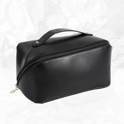 Leather Travel Makeup Bag (Black) – Large Waterproof Cosmetic Organizer with Divider & Handle