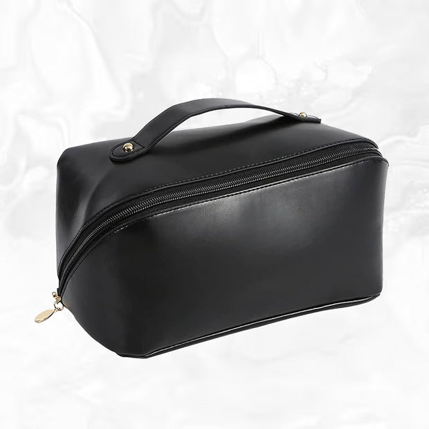 Leather Travel Makeup Bag (Black) – Large Waterproof Cosmetic Organizer with Divider & Handle