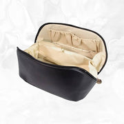 Leather Travel Makeup Bag (Black) – Large Waterproof Cosmetic Organizer with Divider & Handle