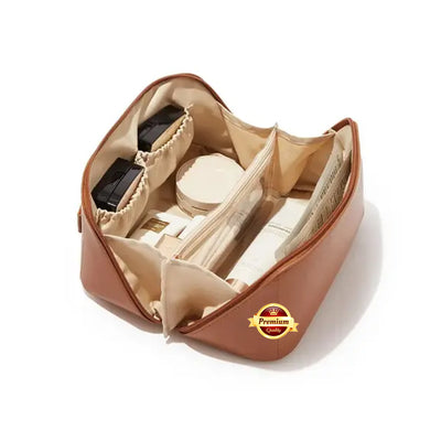 Leather Cosmetic Bag (Bronze) – Large Waterproof Cosmetic Organizer with Divider & Handle