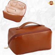 Leather Cosmetic Bag (Bronze) – Large Waterproof Cosmetic Organizer with Divider & Handle