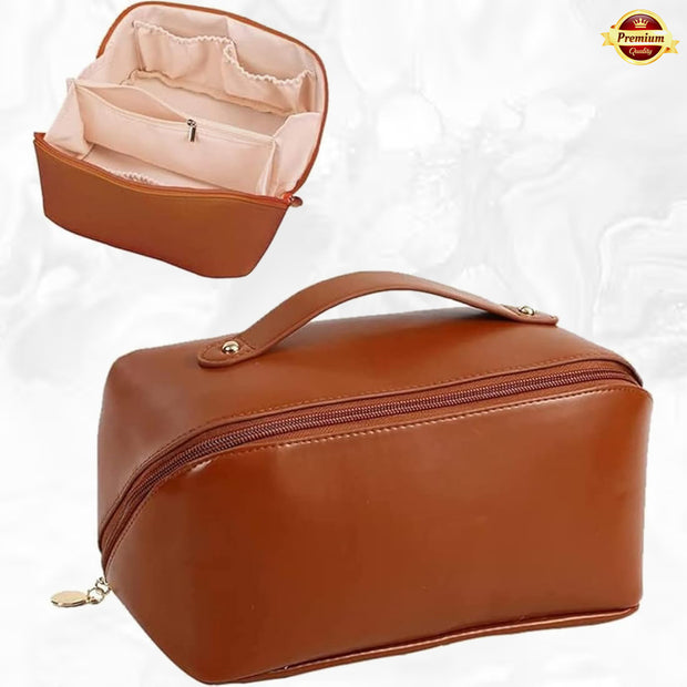 Leather Cosmetic Bag (Bronze) – Large Waterproof Cosmetic Organizer with Divider & Handle