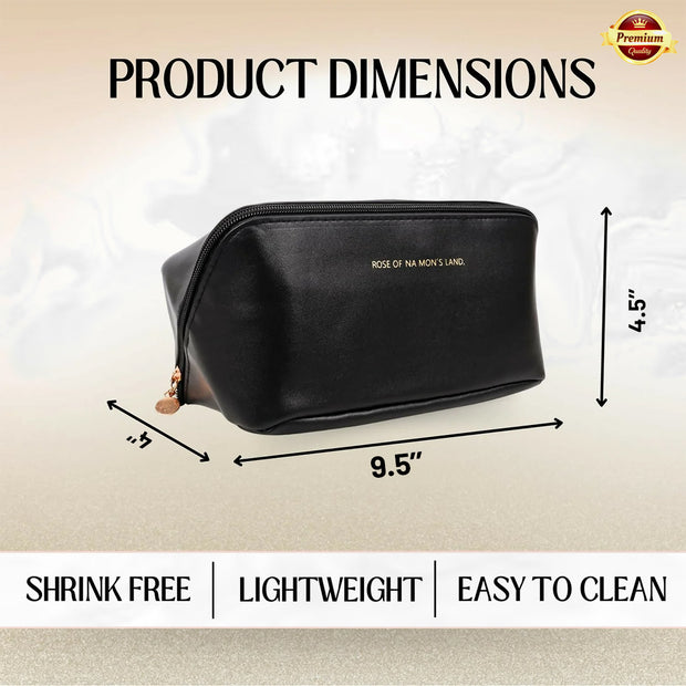 Leather Travel Makeup Bag (Black) – Large Waterproof Cosmetic Organizer with Divider & Handle
