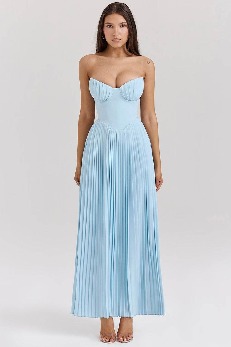 Blue Strapless Slimming Pleated Tight DressclothingJust Primes