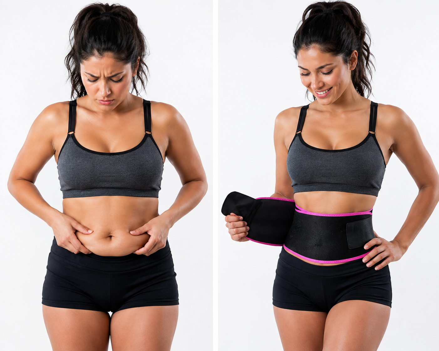 JUST PRIMES neoprene sweat belt worn as a waist sweat belt