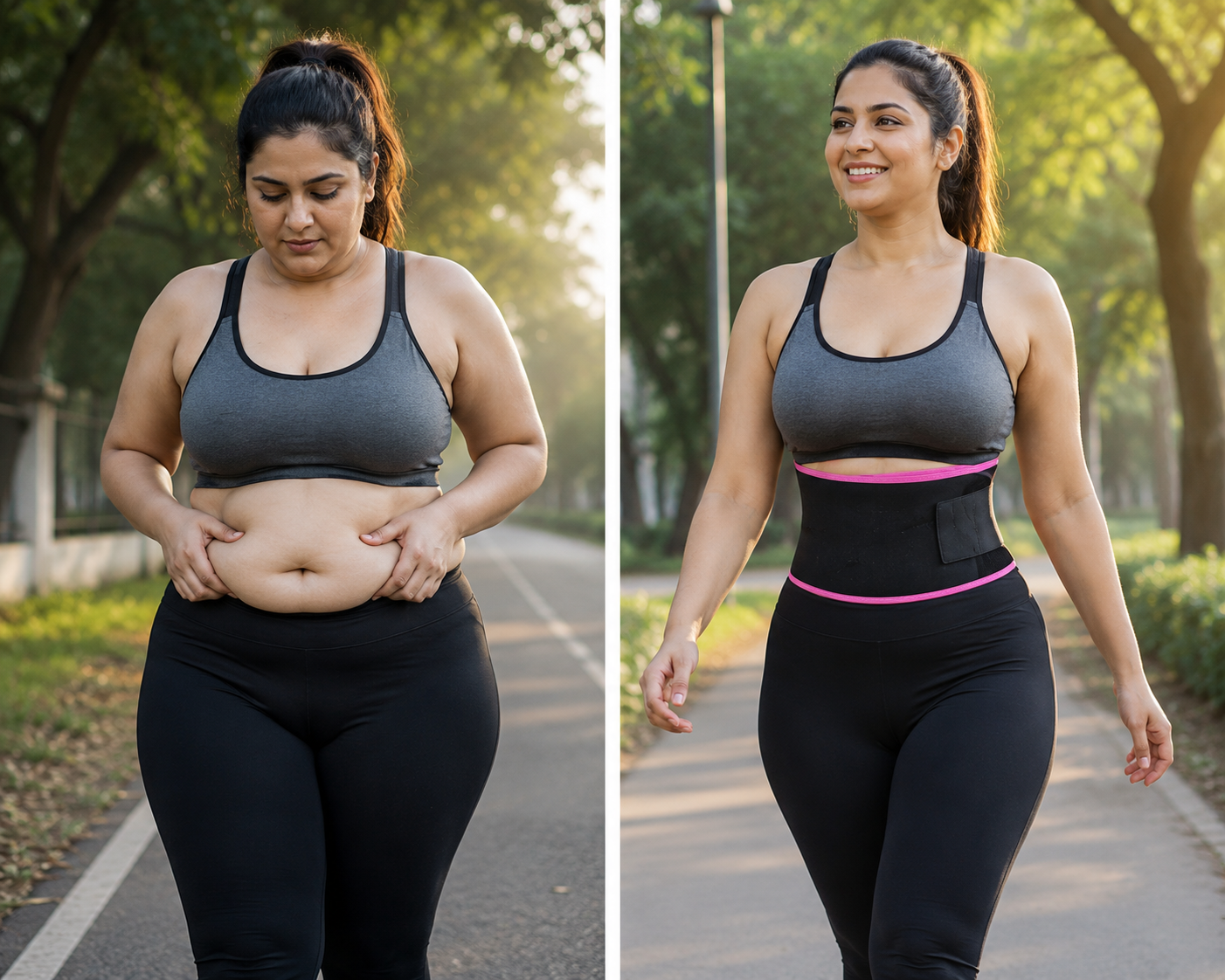 Woman wearing JUST PRIMES sauna belt for belly fat during workout